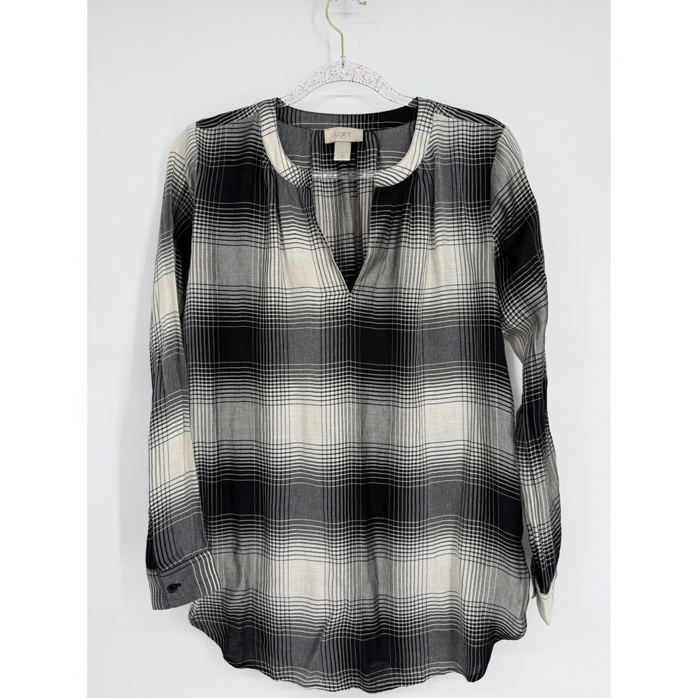 LOFT Outlet Plaid Button Up Shirt Tunic Long Sleeve Women's Small Black White